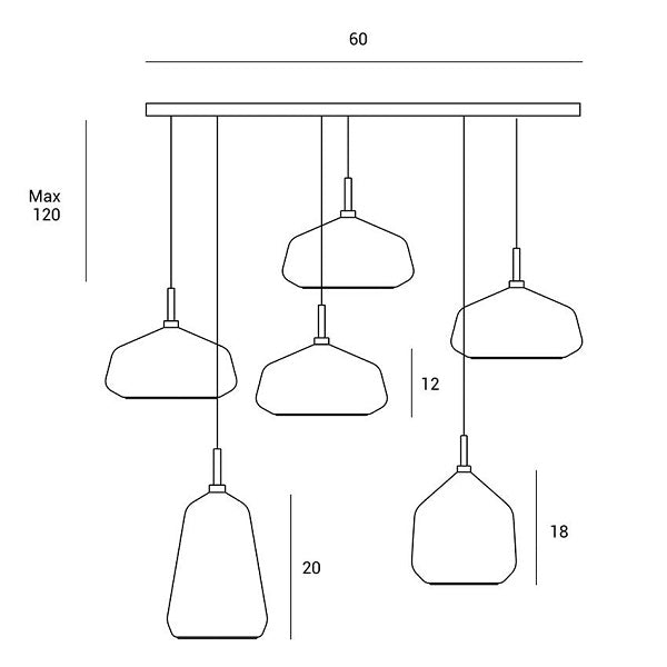Lampada a sospensione x-ray  6 luci 2 vetri fume' - 2 vetri miele - 2 vetri cielo