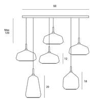 Lampada a sospensione x-ray  6 luci 2 vetri fume' - 2 vetri miele - 2 vetri cielo