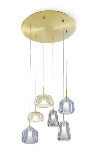 Lampada a sospensione x-ray  6 luci 2 vetri fume' - 2 vetri miele - 2 vetri cielo