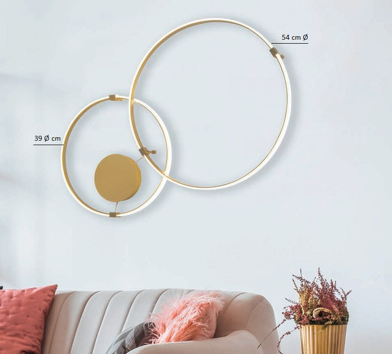 Composizione giotto composta da due cerchi. Un cerchio di diametro 39 cm e 52 cm colore gold luce calda 3000K completo di contenitore da 75w